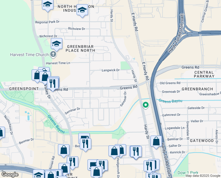 map of restaurants, bars, coffee shops, grocery stores, and more near 1000 Greens Road in Houston