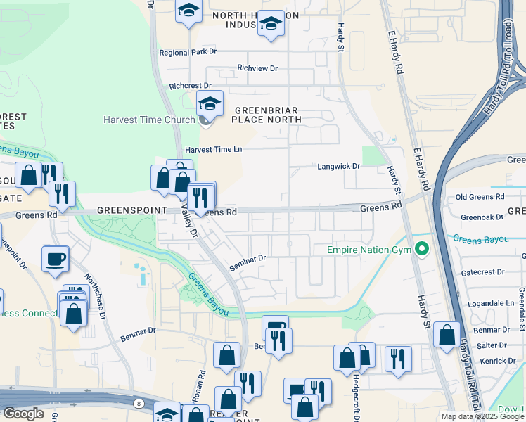 map of restaurants, bars, coffee shops, grocery stores, and more near 838 Greens Road in Houston