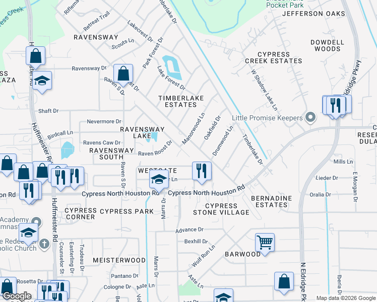 map of restaurants, bars, coffee shops, grocery stores, and more near 12406 Ravens Chase Lane in Cypress