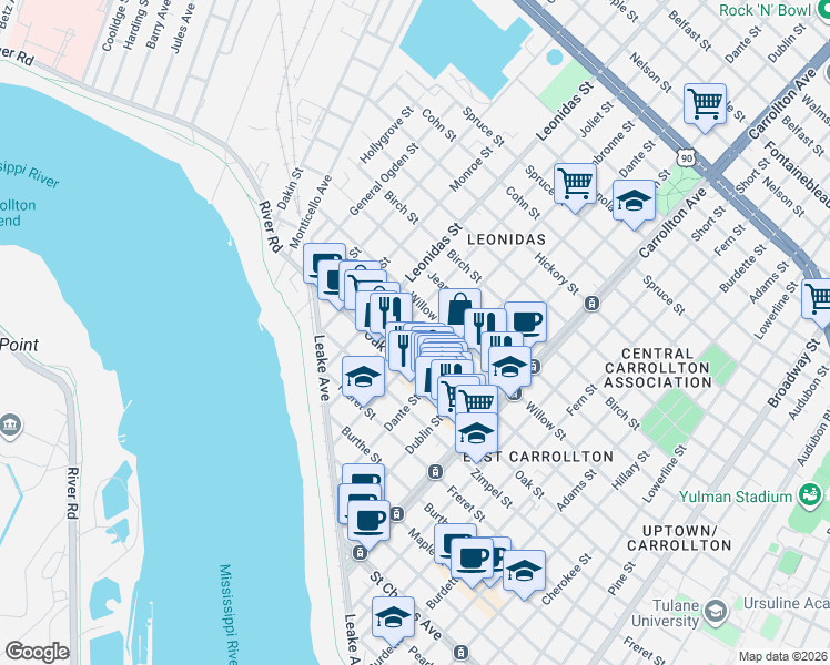 map of restaurants, bars, coffee shops, grocery stores, and more near 8421 Plum Street in New Orleans