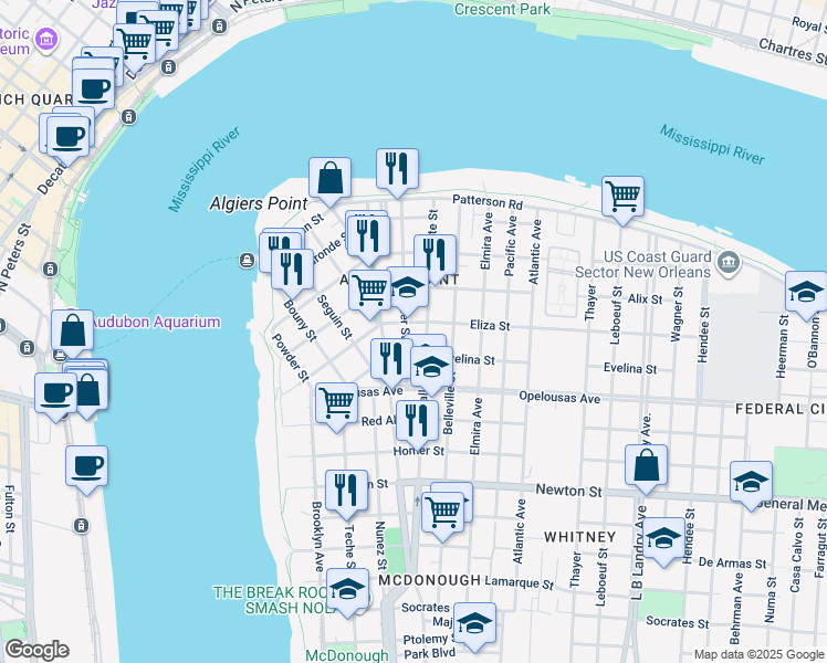 map of restaurants, bars, coffee shops, grocery stores, and more near 502 Olivier Street in New Orleans