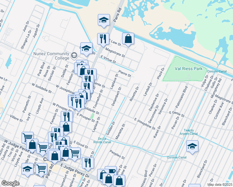 map of restaurants, bars, coffee shops, grocery stores, and more near 3528 Delambert Street in Chalmette