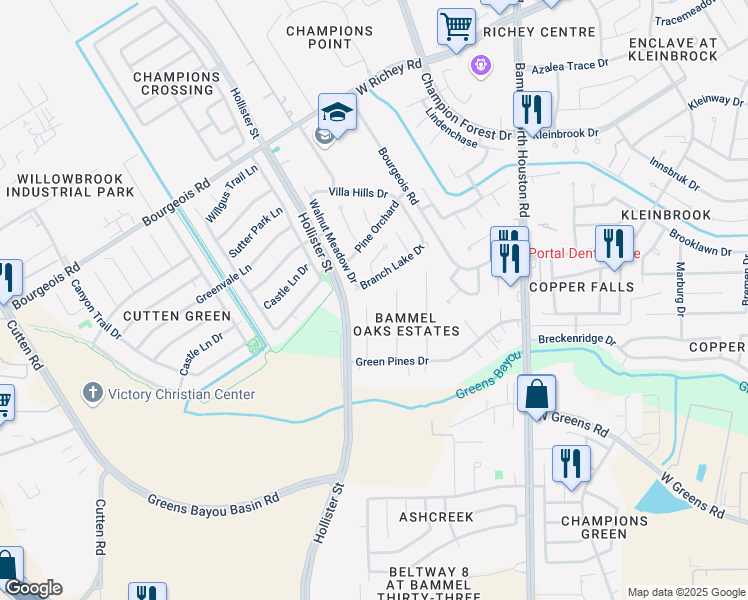 map of restaurants, bars, coffee shops, grocery stores, and more near 11922 Douglas Fir Street in Houston
