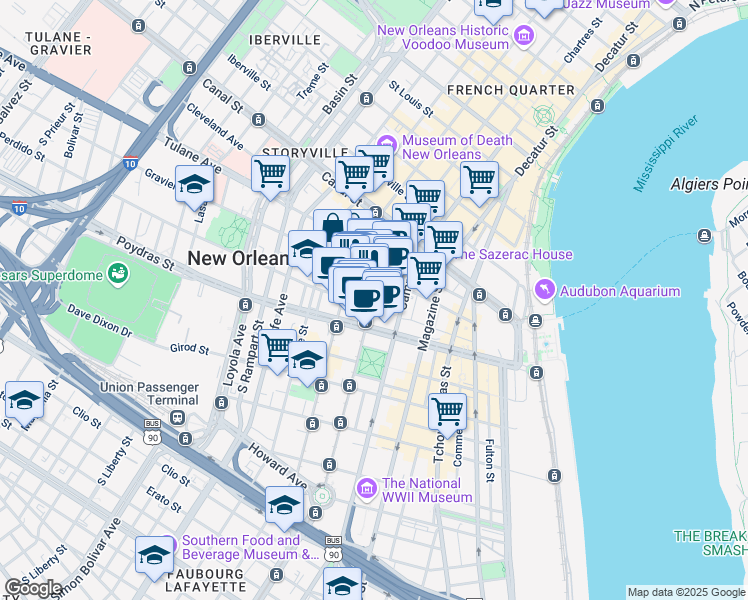 map of restaurants, bars, coffee shops, grocery stores, and more near 333 St Charles Ave in New Orleans
