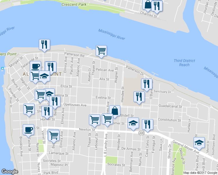 map of restaurants, bars, coffee shops, grocery stores, and more near 450 Whitney Avenue in New Orleans