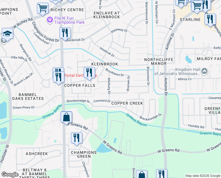 map of restaurants, bars, coffee shops, grocery stores, and more near 4823 Marburg Court in Houston