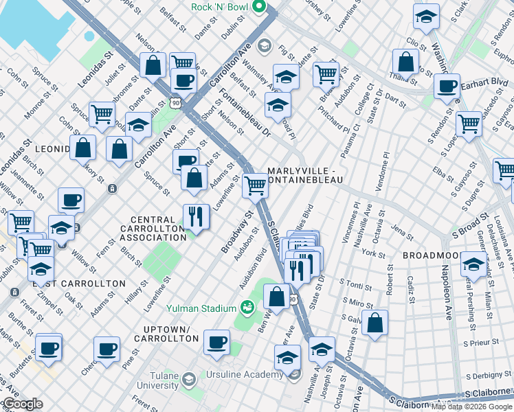 map of restaurants, bars, coffee shops, grocery stores, and more near 7131 South Claiborne Avenue in New Orleans