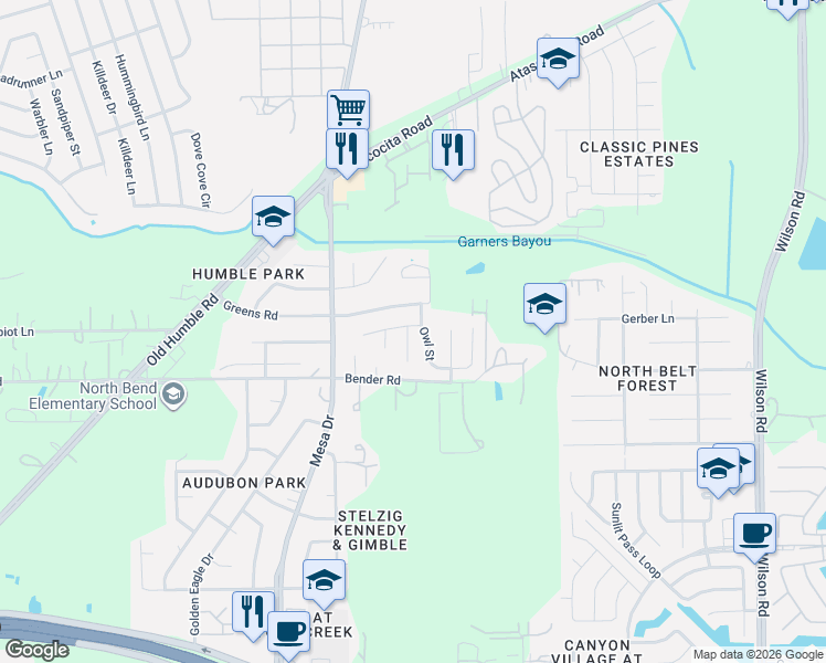 map of restaurants, bars, coffee shops, grocery stores, and more near 15915 Wax Bill Court in Humble