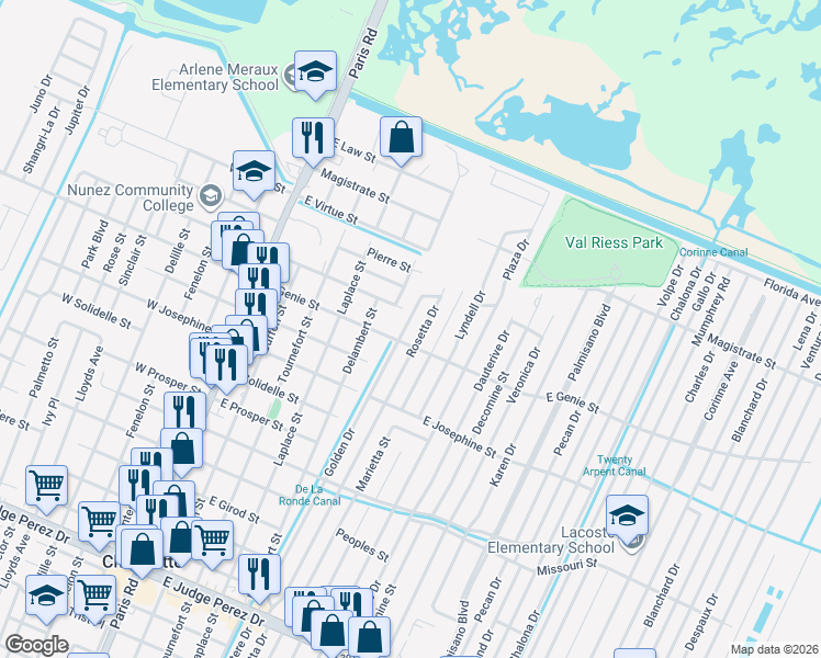 map of restaurants, bars, coffee shops, grocery stores, and more near in Chalmette