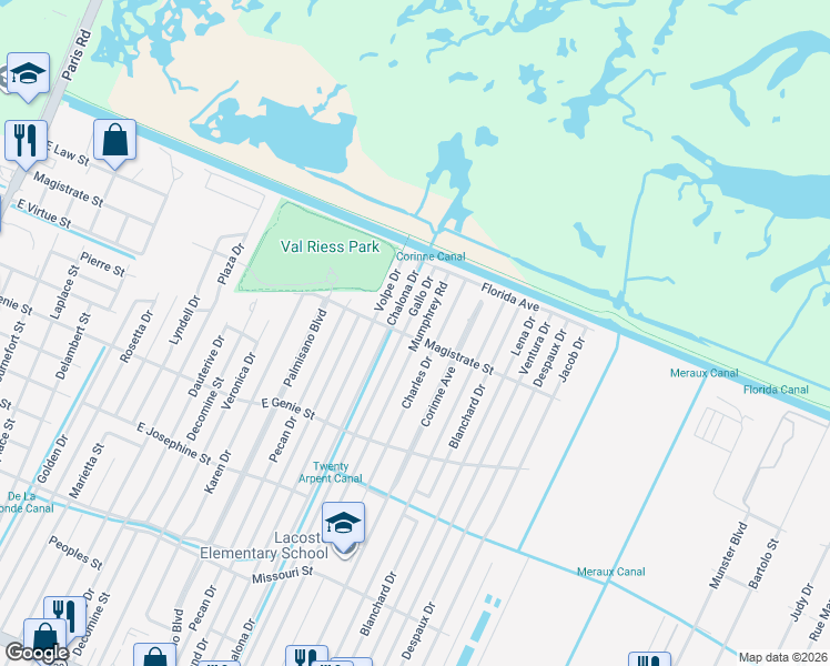 map of restaurants, bars, coffee shops, grocery stores, and more near 3801 Mumphrey Road in Chalmette