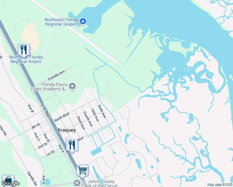 map of restaurants, bars, coffee shops, grocery stores, and more near 362 North Boulevard in St. Augustine