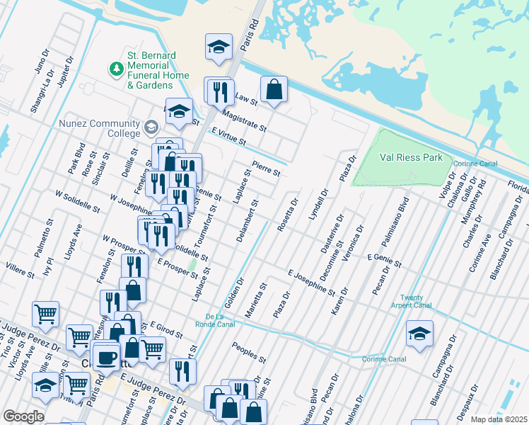 map of restaurants, bars, coffee shops, grocery stores, and more near in Chalmette