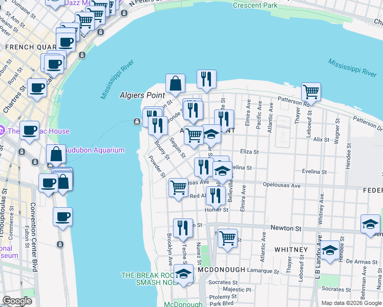 map of restaurants, bars, coffee shops, grocery stores, and more near 429 Eliza Street in New Orleans