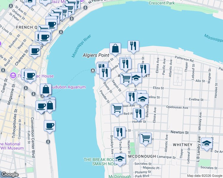 map of restaurants, bars, coffee shops, grocery stores, and more near 431 Bouny Street in New Orleans