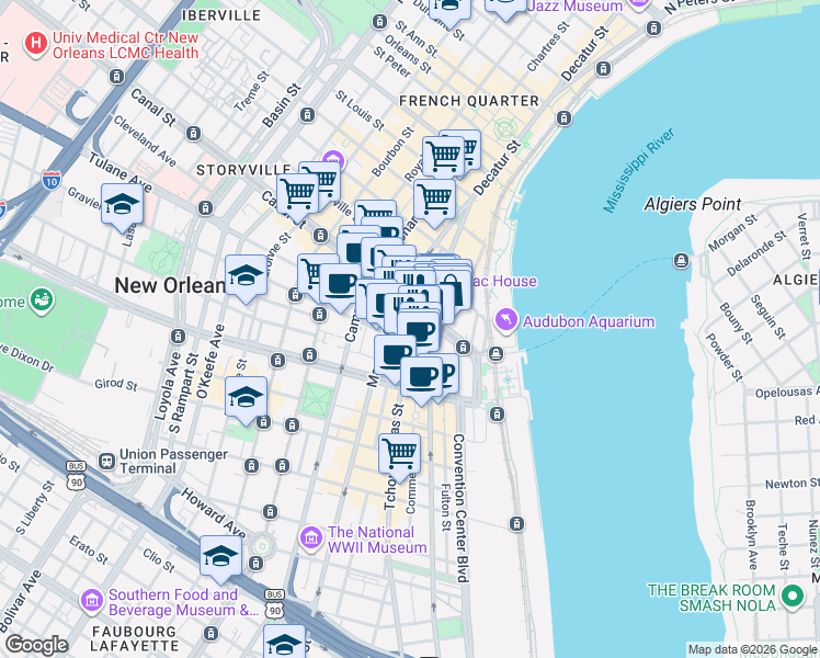 map of restaurants, bars, coffee shops, grocery stores, and more near in New Orleans
