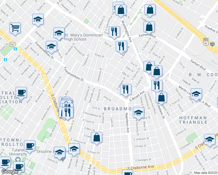 map of restaurants, bars, coffee shops, grocery stores, and more near 4321 Fontainebleau Drive in New Orleans