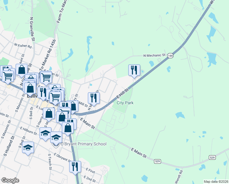 map of restaurants, bars, coffee shops, grocery stores, and more near 407 North Amthor Street in Bellville