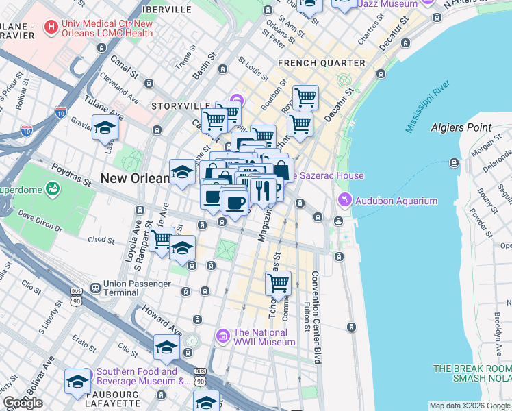 map of restaurants, bars, coffee shops, grocery stores, and more near 338 Camp Street in New Orleans