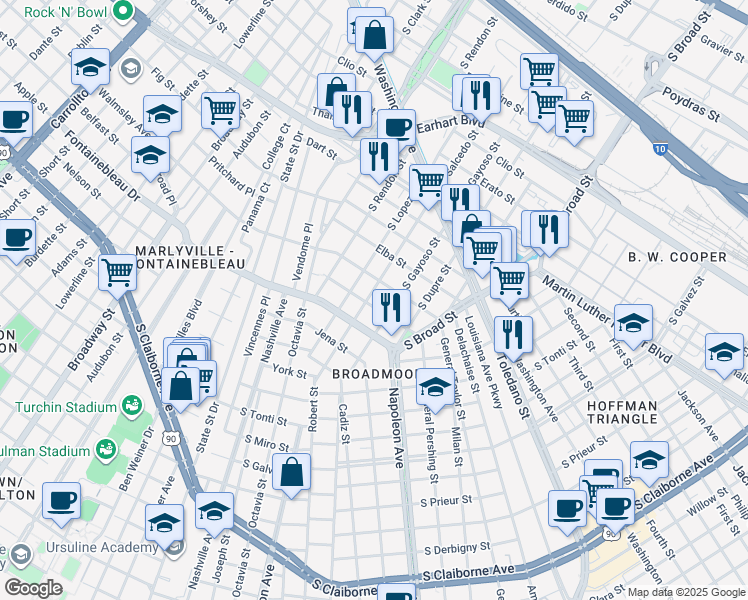 map of restaurants, bars, coffee shops, grocery stores, and more near 4217 General Pershing Street in New Orleans