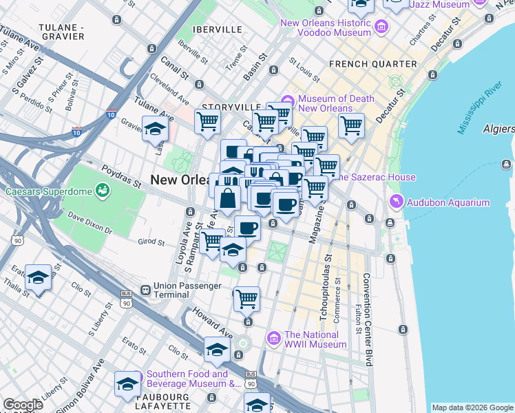map of restaurants, bars, coffee shops, grocery stores, and more near Carondelet St & Perdido St in New Orleans