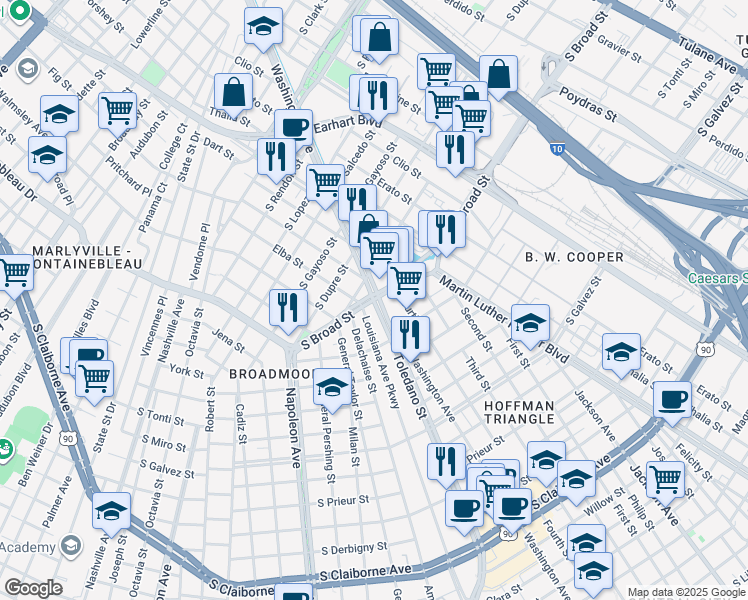 map of restaurants, bars, coffee shops, grocery stores, and more near 3300 South Broad Street in New Orleans