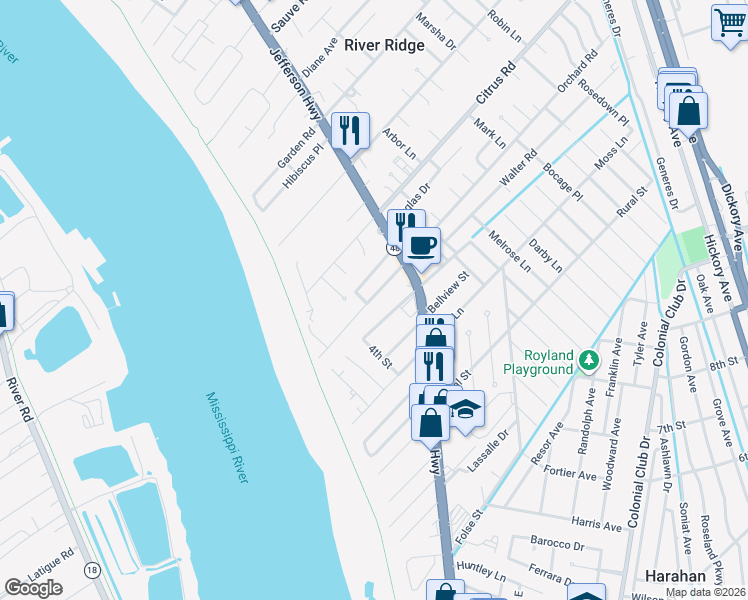 map of restaurants, bars, coffee shops, grocery stores, and more near 137 Orchard Road in River Ridge