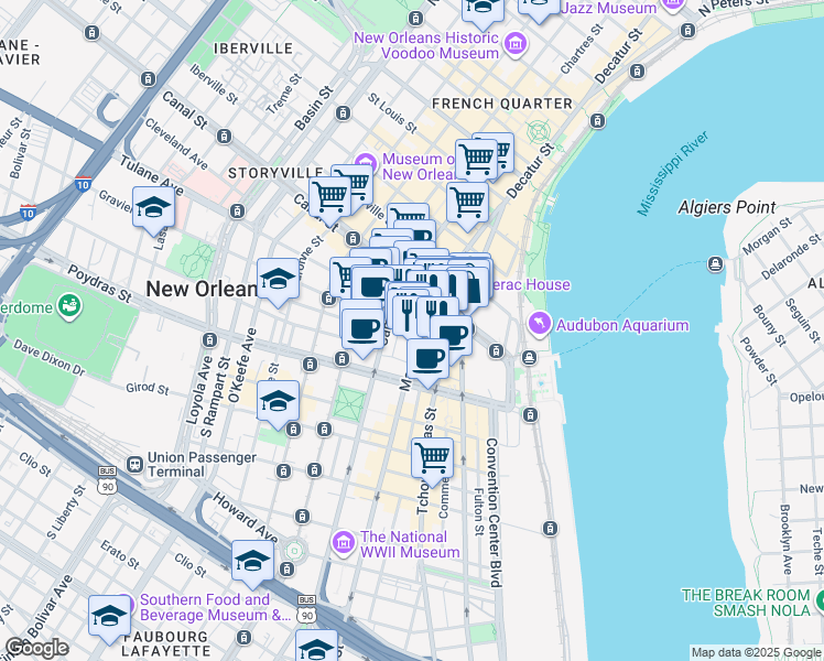 map of restaurants, bars, coffee shops, grocery stores, and more near 441 Gravier Street in New Orleans