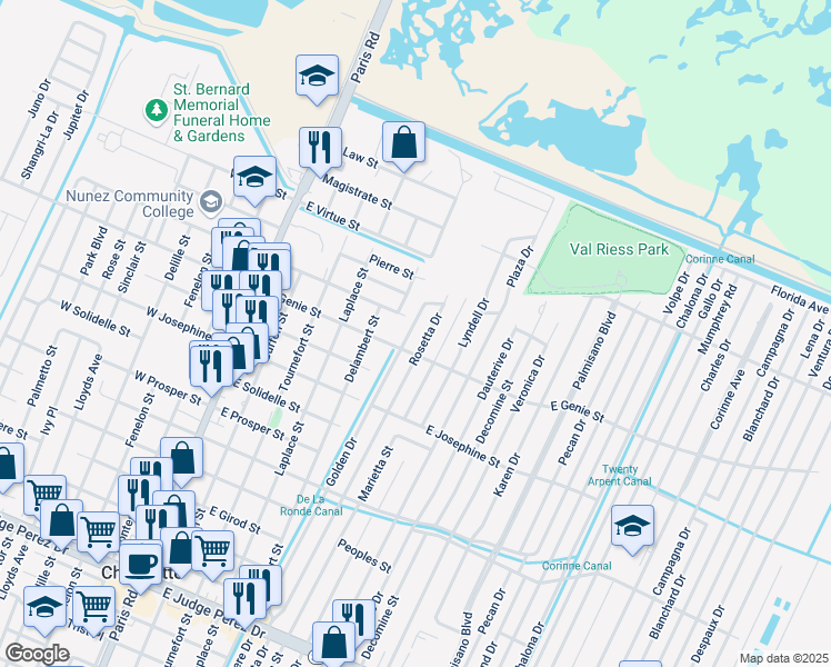 map of restaurants, bars, coffee shops, grocery stores, and more near in Chalmette