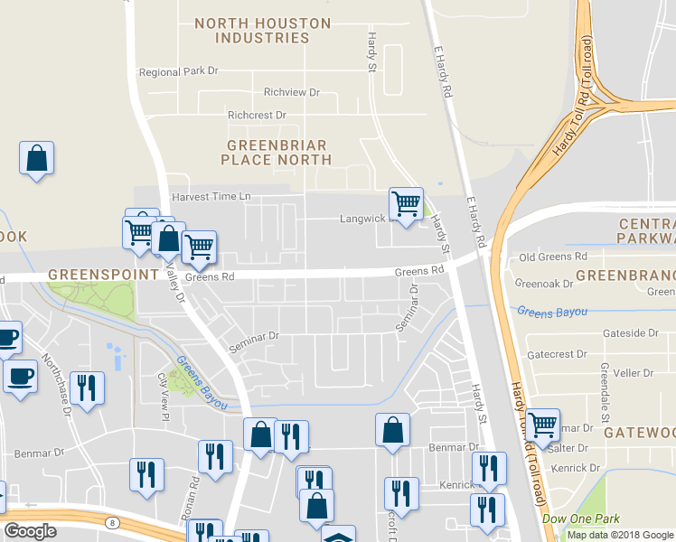 map of restaurants, bars, coffee shops, grocery stores, and more near 955 Greens Road in Houston