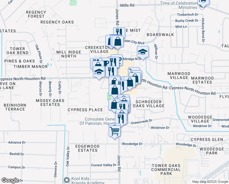 map of restaurants, bars, coffee shops, grocery stores, and more near 12155 Jones Road in Houston
