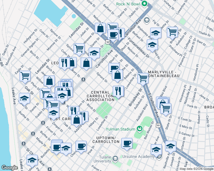 map of restaurants, bars, coffee shops, grocery stores, and more near 1919 Burdette Street in New Orleans