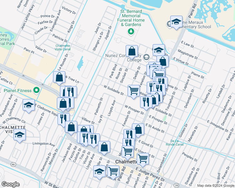map of restaurants, bars, coffee shops, grocery stores, and more near 508 West Prosper Street in Chalmette