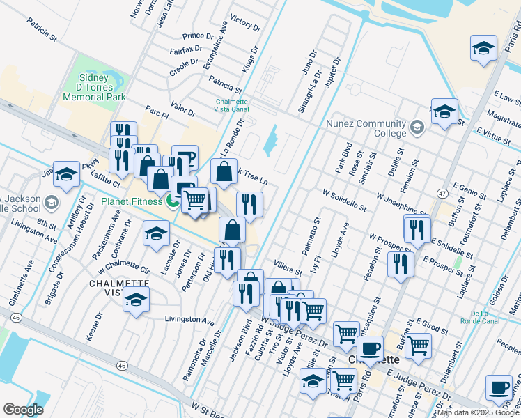 map of restaurants, bars, coffee shops, grocery stores, and more near 301 Southern Place in Chalmette