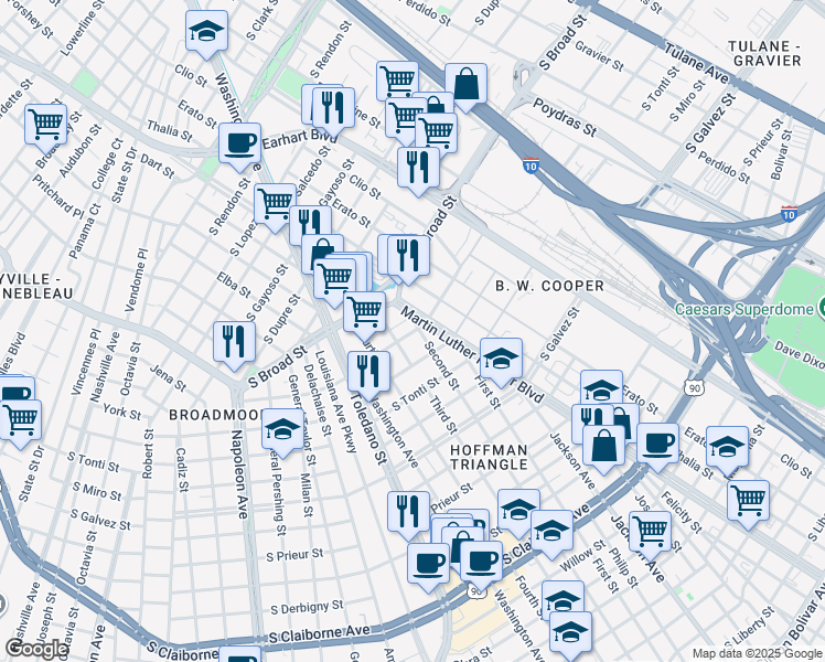 map of restaurants, bars, coffee shops, grocery stores, and more near 2512 South Dorgenois Street in New Orleans