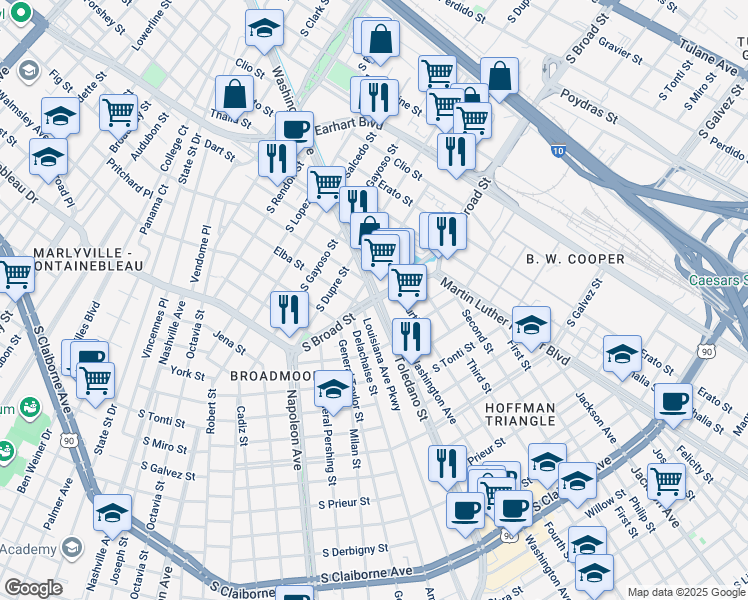 map of restaurants, bars, coffee shops, grocery stores, and more near 3970 Toledano Street in New Orleans