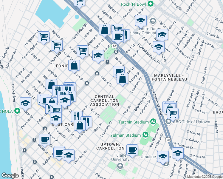 map of restaurants, bars, coffee shops, grocery stores, and more near 1919 Burdette Street in New Orleans