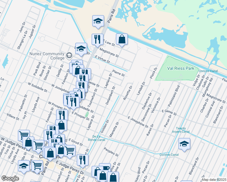 map of restaurants, bars, coffee shops, grocery stores, and more near 3528 Delambert Street in Chalmette