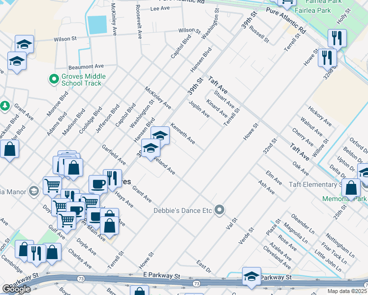 map of restaurants, bars, coffee shops, grocery stores, and more near 3810 Suncrest Drive in Groves