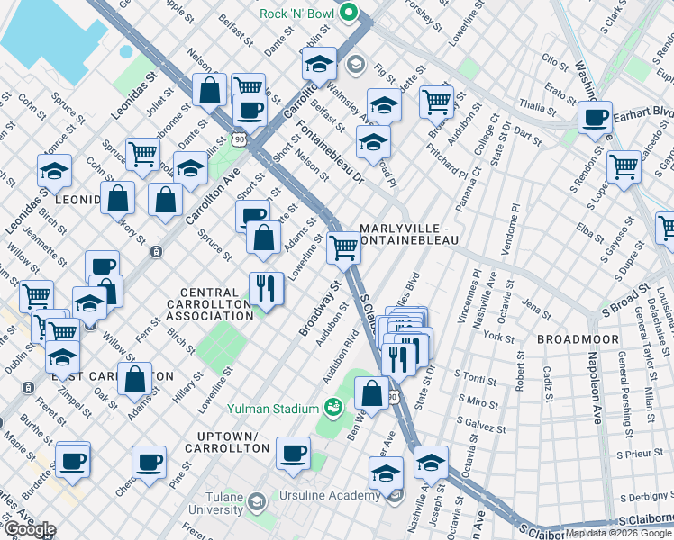 map of restaurants, bars, coffee shops, grocery stores, and more near 2200 Broadway Street in New Orleans