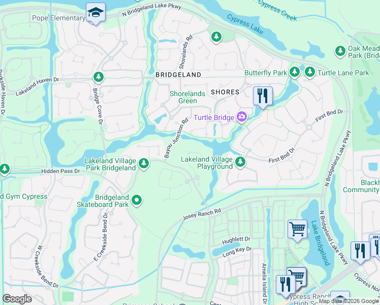 map of restaurants, bars, coffee shops, grocery stores, and more near 18539 Wade Creek Lane in Cypress