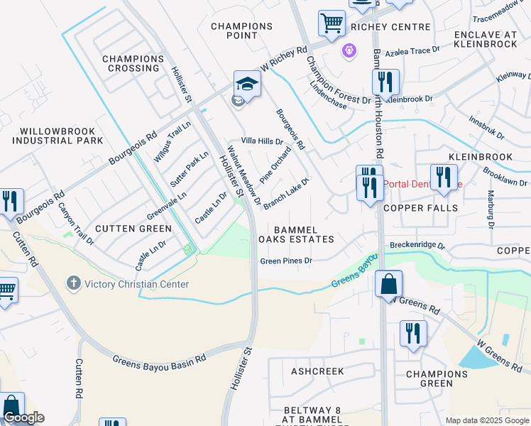 map of restaurants, bars, coffee shops, grocery stores, and more near 11922 Douglas Fir Street in Houston