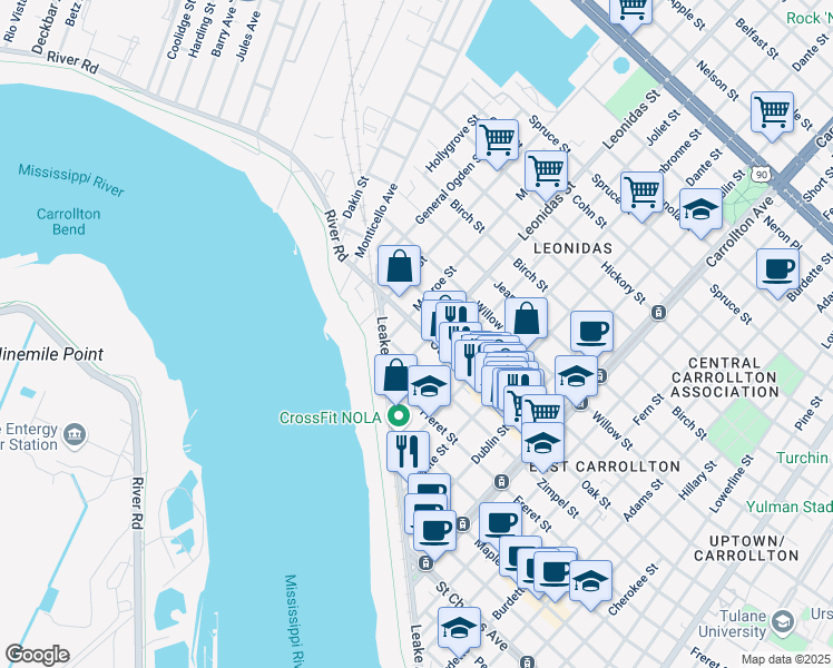 map of restaurants, bars, coffee shops, grocery stores, and more near 8623 Zimple Street in New Orleans