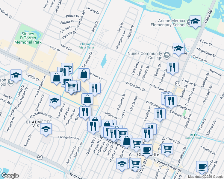 map of restaurants, bars, coffee shops, grocery stores, and more near 3122 Derbigny Street in Chalmette