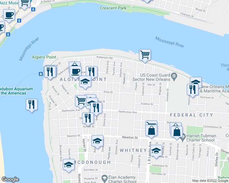 map of restaurants, bars, coffee shops, grocery stores, and more near 1027 Eliza Street in New Orleans
