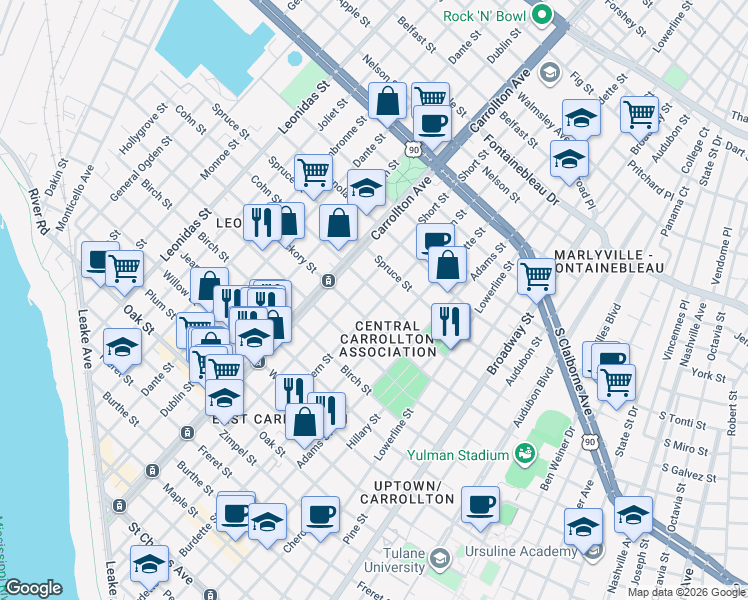 map of restaurants, bars, coffee shops, grocery stores, and more near 1823 Fern Street in New Orleans