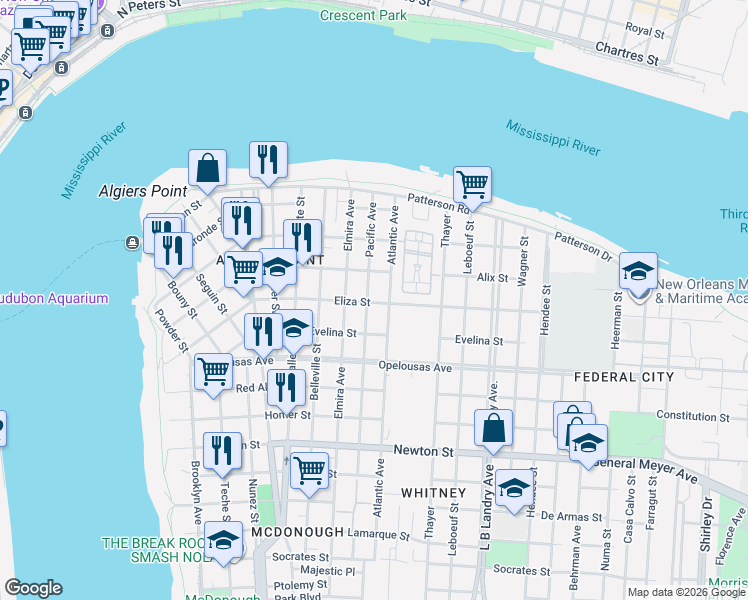 map of restaurants, bars, coffee shops, grocery stores, and more near 1027 Eliza Street in New Orleans