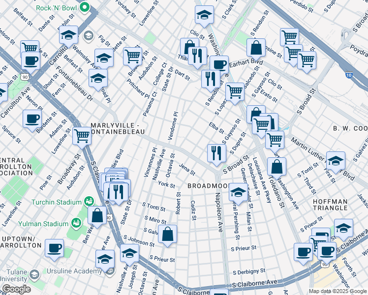 map of restaurants, bars, coffee shops, grocery stores, and more near 5420 Fontainebleau Drive in New Orleans