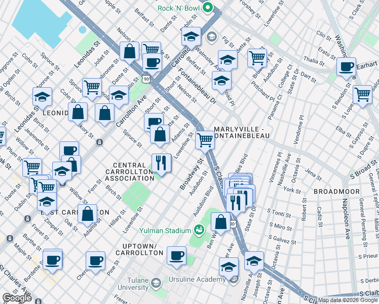 map of restaurants, bars, coffee shops, grocery stores, and more near 2200 Broadway Street in New Orleans