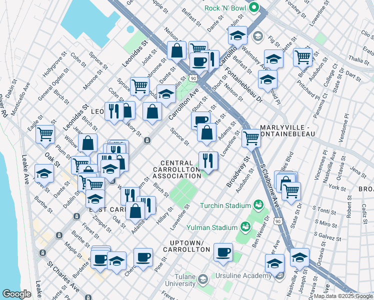 map of restaurants, bars, coffee shops, grocery stores, and more near 1919 Burdette Street in New Orleans