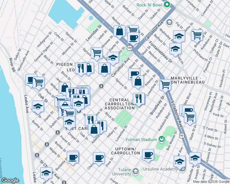 map of restaurants, bars, coffee shops, grocery stores, and more near 1823 Fern Street in New Orleans